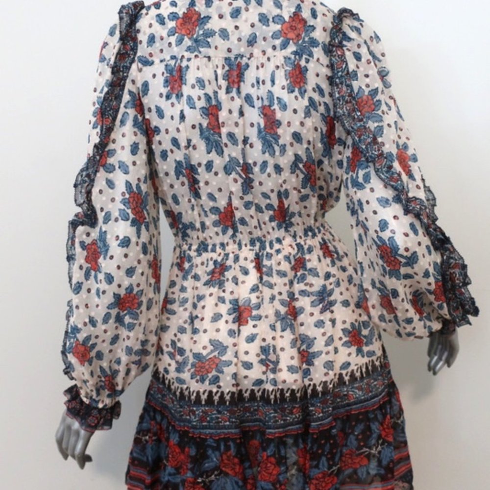 ULLA JOHNSON DRESS DANI CREAM/RED RUFFLED FLORAL CHIFFON SIZE 2 LONG SLEEVE MINI - Picture 5 of 8